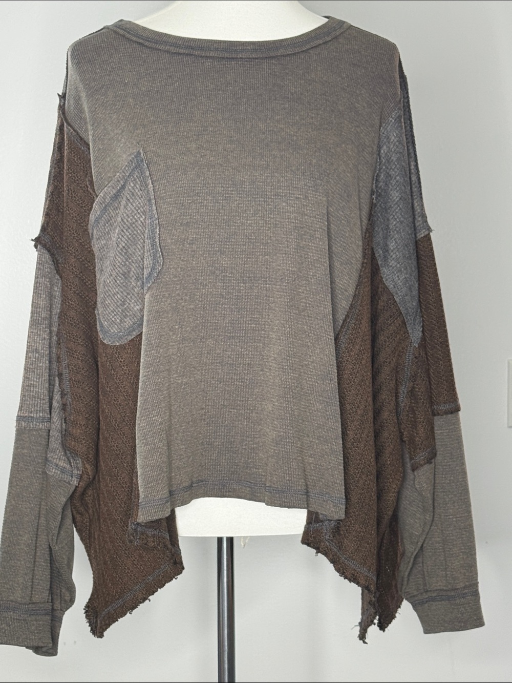 POL Women's Patchwork Crewneck Sweater - Brown & Gray Super Comfy